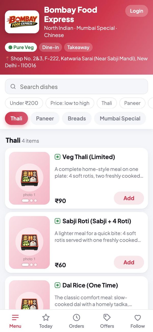 The QRThali menu on a phone